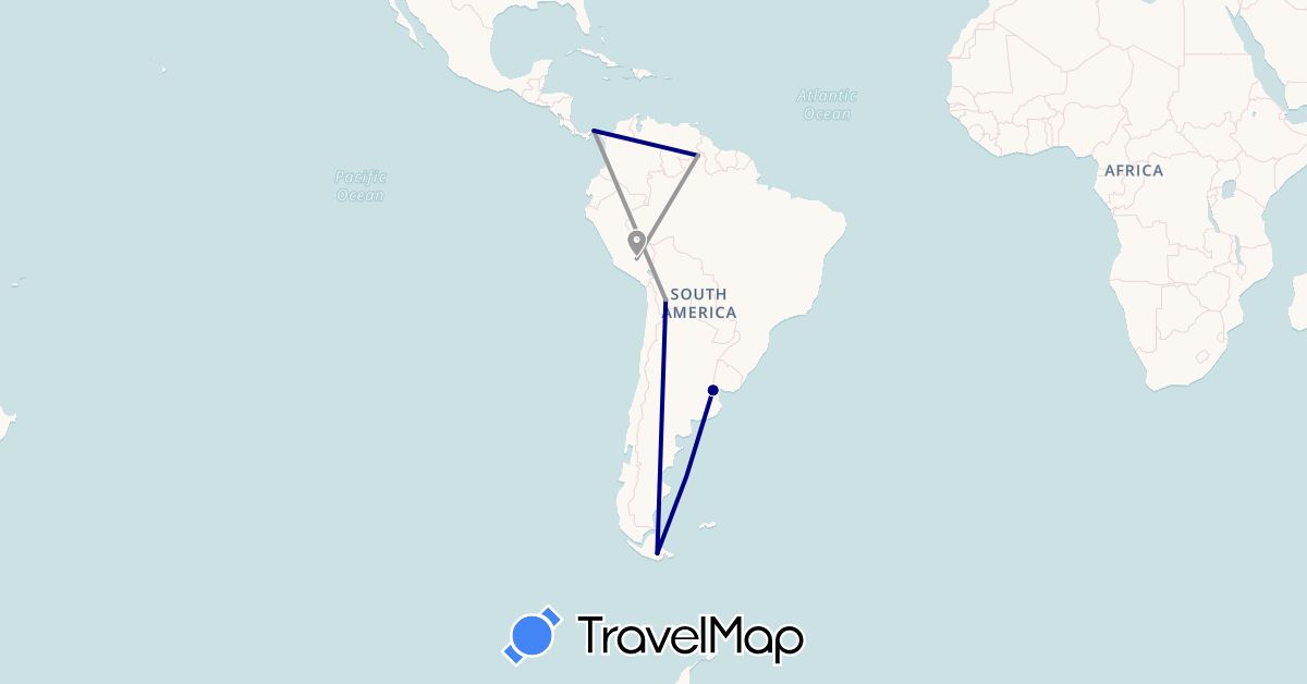 TravelMap itinerary: driving, plane in Argentina, Bolivia, Panama, Peru, Venezuela (North America, South America)